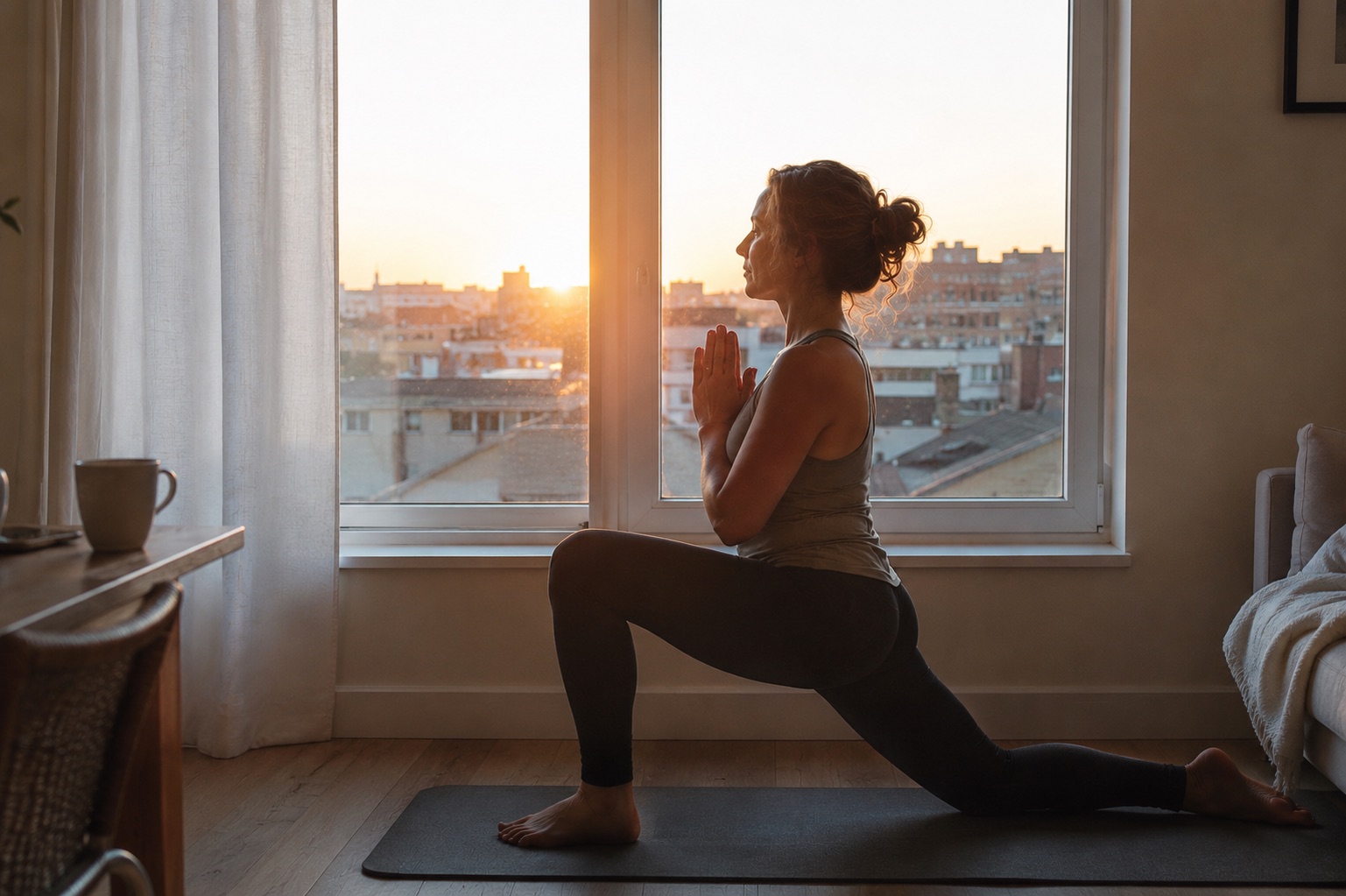Mujer practicando yoga al amanecer